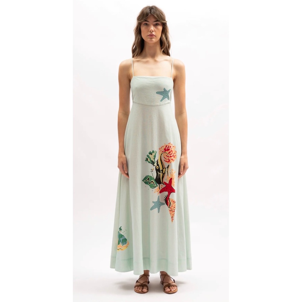 NWT La Maise Studio Marie Maxi Dress Reef Print Linen Blend A-Line XL $224